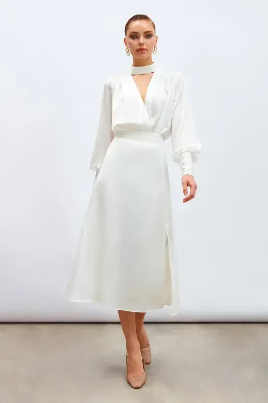 Slit Satin Skirt - Ecru - 1