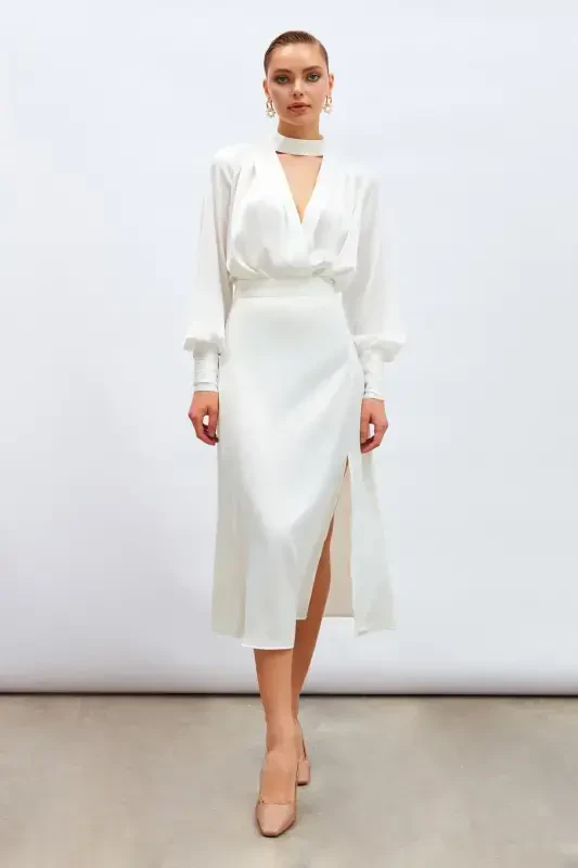 Slit Satin Skirt - Ecru - 3