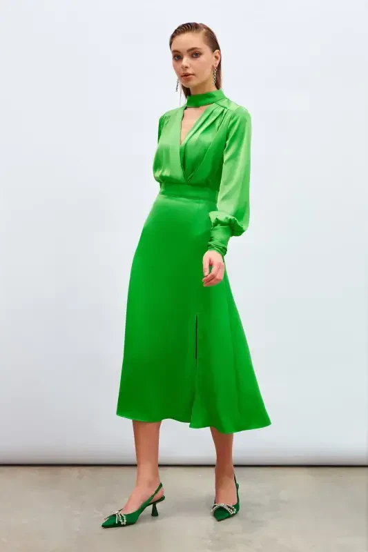 Slit Satin Skirt - Green - 3