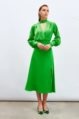 Slit Satin Skirt - Green - 4