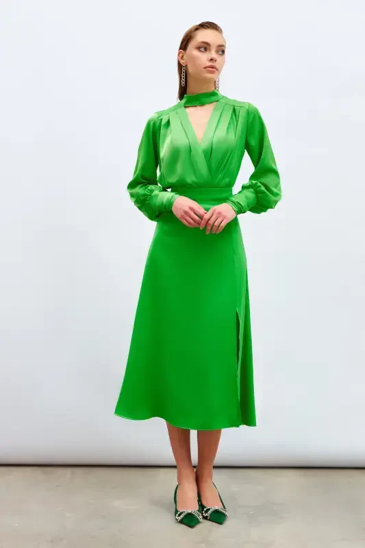 Slit Satin Skirt - Green - 4