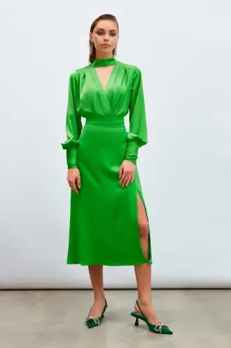Slit Satin Skirt - Green - 5