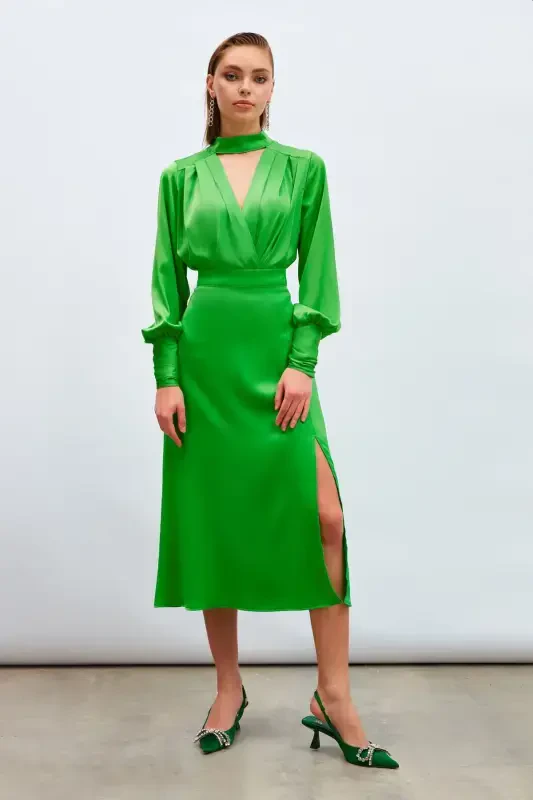 Slit Satin Skirt - Green - 5