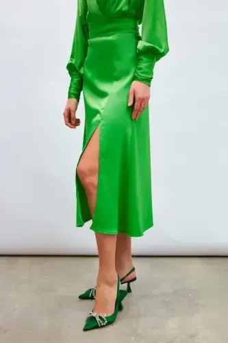 Slit Satin Skirt - Green - 7