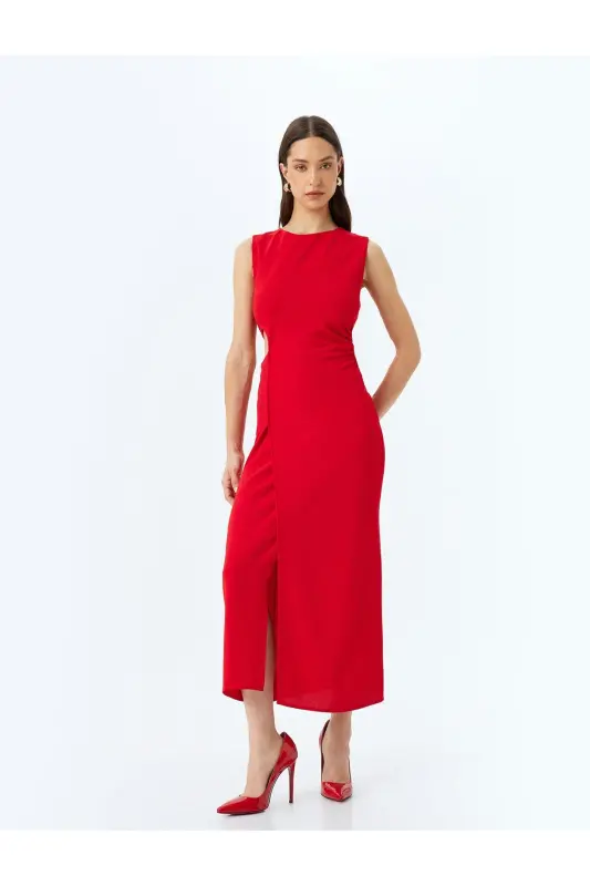 Slit Window Detailed Round Neck Sleeveless Crossover Long Dress - 1