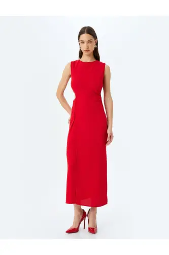 Slit Window Detailed Round Neck Sleeveless Crossover Long Dress - 3