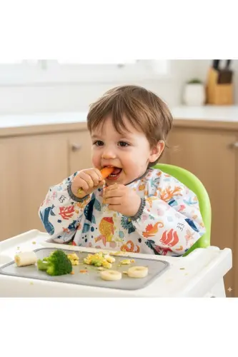 Слюнявчик для кормления, 6-24 мес., водонепроницаемый, с карманом, длинный рукав. - 1