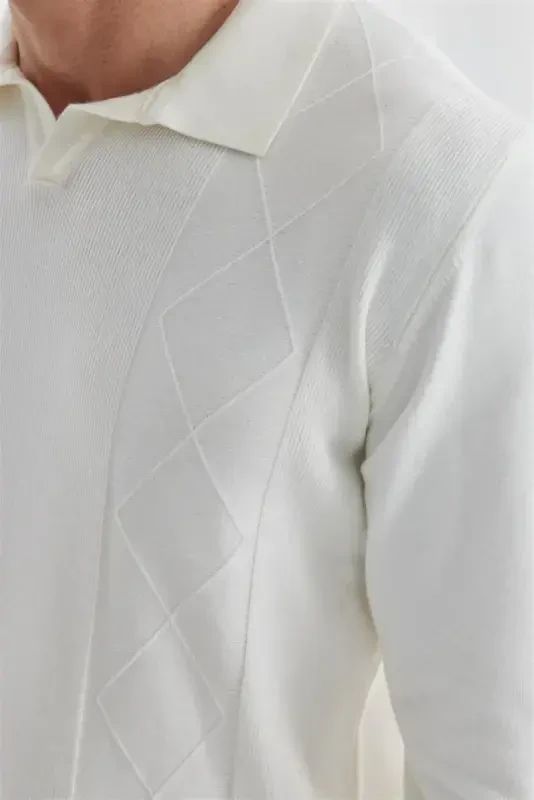 Сливочный облегающий свитер-поло с узорами из смесовой шерстяной и кашемировой пряжи - 3