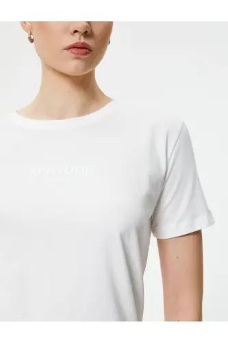 Slogan Baskılı Tişört Bisiklet Yaka Kısa Kollu Pamuklu - Beyaz - 5