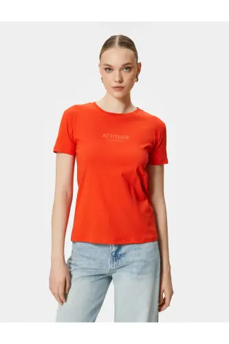 Slogan Baskılı Tişört Bisiklet Yaka Kısa Kollu Pamuklu-Kırmızı - 3