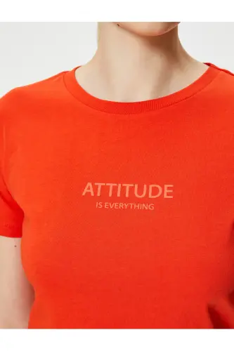 Slogan Baskılı Tişört Bisiklet Yaka Kısa Kollu Pamuklu-Kırmızı - 5