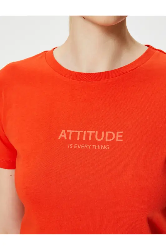 Slogan Baskılı Tişört Bisiklet Yaka Kısa Kollu Pamuklu-Kırmızı - 5