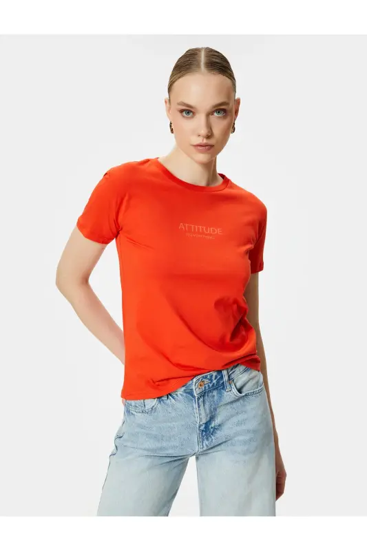 Slogan Baskılı Tişört Bisiklet Yaka Kısa Kollu Pamuklu-Kırmızı - KOTON