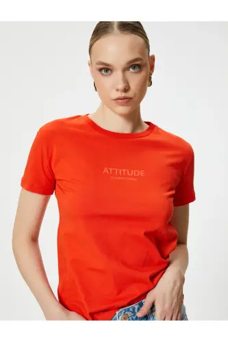 Slogan Baskılı Tişört Bisiklet Yaka Kısa Kollu Pamuklu-Kırmızı - KOTON (1)