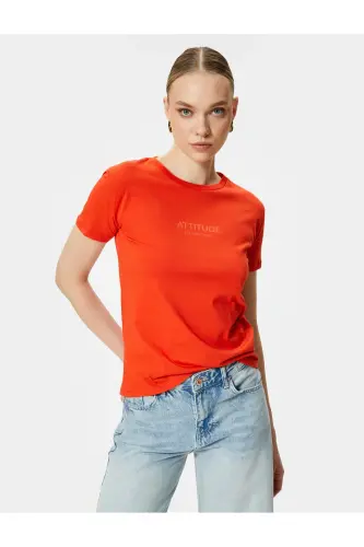 Slogan Baskılı Tişört Bisiklet Yaka Kısa Kollu Pamuklu-Kırmızı - 1