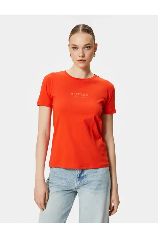 Slogan Baskılı Tişört Bisiklet Yaka Kısa Kollu Pamuklu-Kırmızı - 3