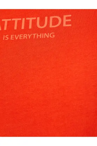 Slogan Baskılı Tişört Bisiklet Yaka Kısa Kollu Pamuklu-Kırmızı - 6