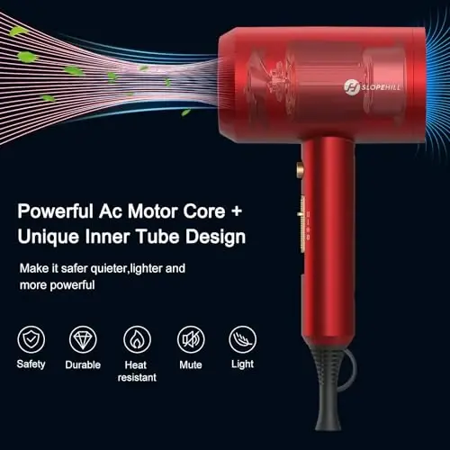 Slopehill Professional Ionic Hair Dryer, Powerful 1800W Fast Drying Low Noise Blow Dryer with 2 Concentrator Nozzle 1 Diffuser AttacModazoneents for Home Salon Travel (Agate Red) - SLOPEHILL