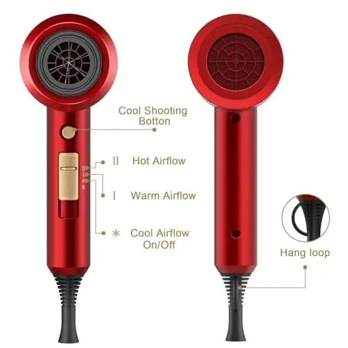 Slopehill Professional Ionic Hair Dryer, Powerful 1800W Fast Drying Low Noise Blow Dryer with 2 Concentrator Nozzle 1 Diffuser AttacModazoneents for Home Salon Travel (Agate Red) - 3