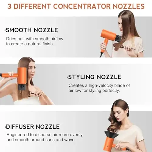 Slopehill Professional Ionic Hair Dryer, Powerful 1800W Fast Drying Low Noise Blow Dryer with 2 Concentrator Nozzle 1 Diffuser AttacModazoneents for Home Salon Travel (Cosmic Orange) - 3
