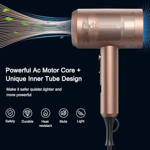 slopehill Professional Ionic Hair Dryer, Powerful 1800W Fast Drying Low Noise Blow Dryer with 2 Concentrator Nozzle 1 Diffuser AttacModazoneents for Home Salon Travel (Mocha Mousse) - 2