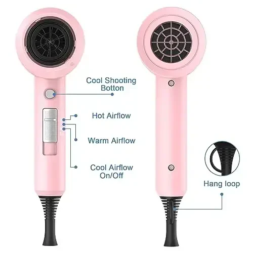 slopehill Professional Ionic Hair Dryer, Powerful 1800W Fast Drying Low Noise Blow Dryer with 2 Concentrator Nozzle 1 Diffuser AttacModazoneents for Home Salon Travel (Pink) - 4