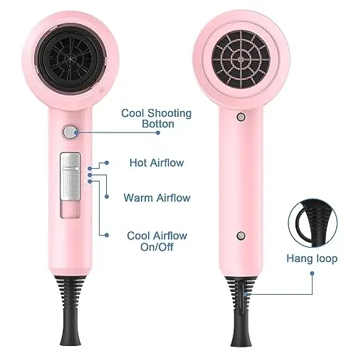 slopehill Professional Ionic Hair Dryer, Powerful 1800W Fast Drying Low Noise Blow Dryer with 2 Concentrator Nozzle 1 Diffuser AttacModazoneents for Home Salon Travel (Pink) - 3