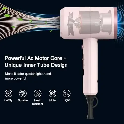 Slopehill Professional Ionic Hair Dryer, Powerful 1800W Fast Drying Low Noise Blow Dryer with 2 Concentrator Nozzle 1 Diffuser AttacModazoneents for Home Salon Travel (Pottery Pink and Rose Gold) - 2