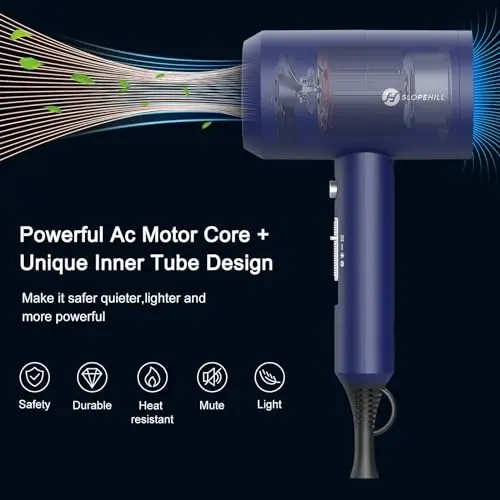 Slopehill Professional Ionic Hair Dryer, Powerful 1800W Fast Drying Low Noise Blow Dryer with 2 Concentrator Nozzle 1 Diffuser AttacModazoneents for Home Salon Travel (Prussian Blue) 