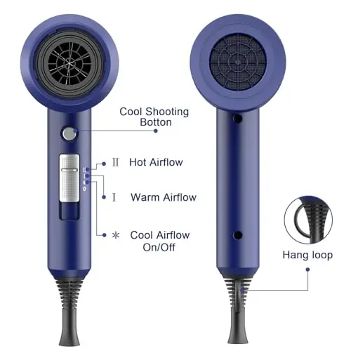 Slopehill Professional Ionic Hair Dryer, Powerful 1800W Fast Drying Low Noise Blow Dryer with 2 Concentrator Nozzle 1 Diffuser AttacModazoneents for Home Salon Travel (Prussian Blue) - 5