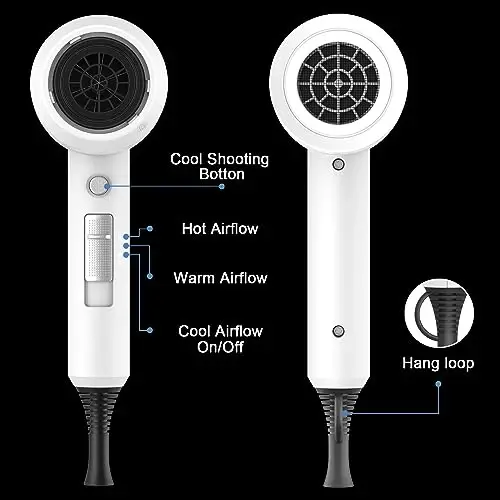 slopehill Professional Ionic Hair Dryer, Powerful 1800W Fast Drying Low Noise Blow Dryer with 2 Concentrator Nozzle 1 Diffuser AttacModazoneents for Home Salon Travel (White) - 4