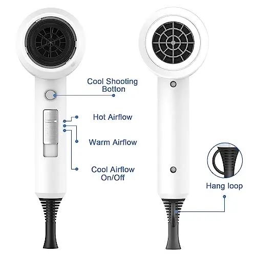 slopehill Professional Ionic Hair Dryer, Powerful 1800W Fast Drying Low Noise Blow Dryer with 2 Concentrator Nozzle 1 Diffuser AttacModazoneents for Home Salon Travel (White) - 4