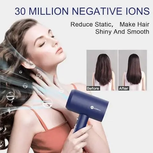 Slopehill Professional Ionic Soch Quritgich, Kuchli 1800W Tez Quritadigan Kam Shovqinli Fen, 2 Konsentrator Nozul, 1 Diffuzer Uy Salon Sayohatlari uchun (Prussiya Moviy) - 5