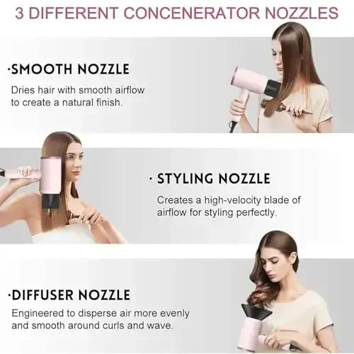 Slopehill Professional Ionic Soch Quritgich, Kuchli 1800W Tez Qurituvchi Kam shovqinli Fen, 2 Konsentrator Nasadkasi 1 Diffuzer Uy Salon Sayohati uchun AttacModazoneents (Kulolchilik Pushti va Pushti Oltin) - 3