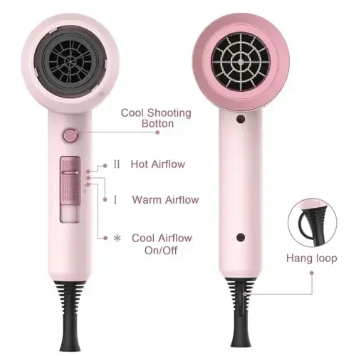 Slopehill Professional Ionic Soch Quritgich, Kuchli 1800W Tez Qurituvchi Kam shovqinli Fen, 2 Konsentrator Nasadkasi 1 Diffuzer Uy Salon Sayohati uchun AttacModazoneents (Kulolchilik Pushti va Pushti Oltin) - 6