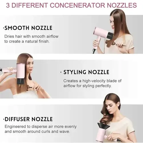 Slopehill Professional Ionic Soch Quritgich, Kuchli 1800W Tez Qurituvchi Kam shovqinli Fen, 2 Konsentrator Nasadkasi 1 Diffuzer Uy Salon Sayohati uchun AttacModazoneents (Kulolchilik Pushti va Pushti Oltin) - 3