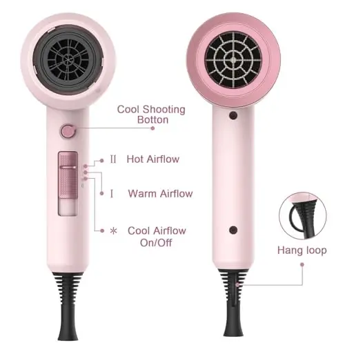 Slopehill Professional Ionic Soch Quritgich, Kuchli 1800W Tez Qurituvchi Kam shovqinli Fen, 2 Konsentrator Nasadkasi 1 Diffuzer Uy Salon Sayohati uchun AttacModazoneents (Kulolchilik Pushti va Pushti Oltin) - 6