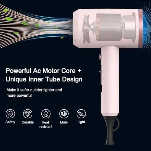 Slopehill Professional Ionic Soch Quritgich, Kuchli 1800W Tez Qurituvchi Kam shovqinli Fen, 2 Konsentrator Nasadkasi 1 Diffuzer Uy Salon Sayohati uchun AttacModazoneents (Kulolchilik Pushti va Pushti Oltin) 