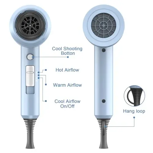 Slopehill Professional Ionic Soch Quritgich, Kuchli 1800W Tez Qurituvchi Kam Shovqinli Soch Quritgich 2 Konsentratorli Nozul 1 Diffuzor Uy Salon Sayohatlari uchun Yopishmalar (Matte Moviy) - 3