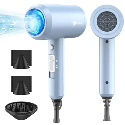 Slopehill Professional Ionic Hair Dryer, Powerful 1800W Fast Drying Low Noise Blow Dryer with 2 Concentrator Nozzle 1 Diffuser AttacModazoneents for Home Salon Travel (Matte Blue) - 1