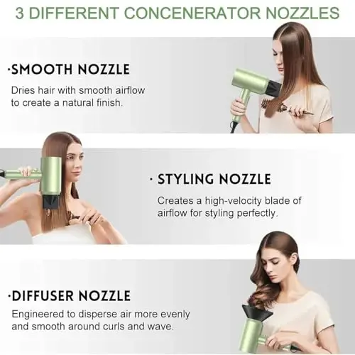 slopehill Professional Ionic Hair Dryer, Powerful 1800W Fast Drying Low Noise Blow Dryer with 2 Concentrator Nozzle 1 Diffuser AttacModazoneents for Home Salon Travel (Lime Cream) - 3