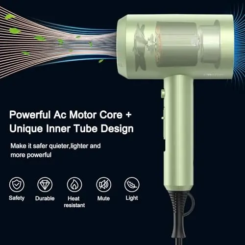 slopehill Professional Ionic Hair Dryer, Powerful 1800W Fast Drying Low Noise Blow Dryer with 2 Concentrator Nozzle 1 Diffuser AttacModazoneents for Home Salon Travel (Lime Cream) - 2
