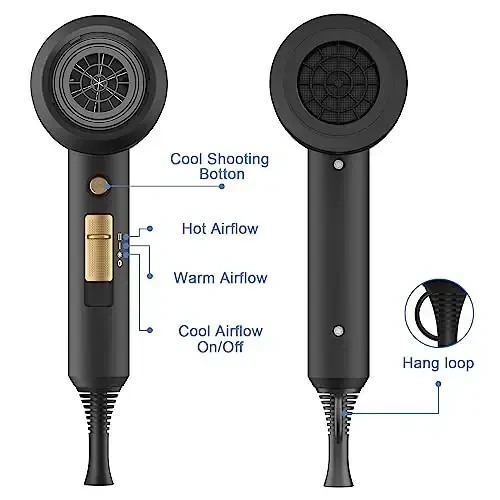 slopehill Professional Ionic Hair Dryer, Powerful 1800W Fast Drying Low Noise Blow Dryer with 2 Concentrator Nozzle 1 Diffuser AttacModazoneents for Home Salon Travel (Black) - 4