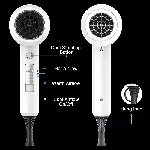 slopehill Professional Ionic Hair Dryer, Powerful 1800W Fast Drying Low Noise Blow Dryer with 2 Concentrator Nozzle 1 Diffuser AttacModazoneents for Home Salon Travel (White) - 4