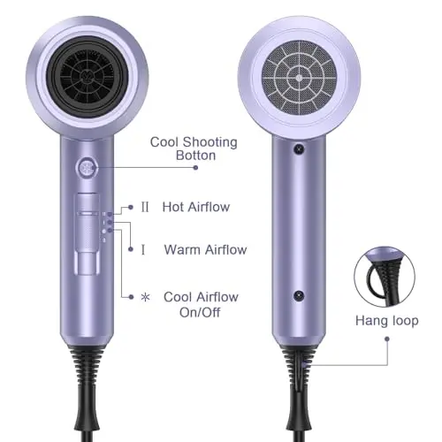 slopehill Professional Ionic Hair Dryer, Powerful 1800W Fast Drying Low Noise Blow Dryer with 2 Concentrator Nozzle 1 Diffuser AttacModazoneents for Home Salon Travel (Lavender) - 6