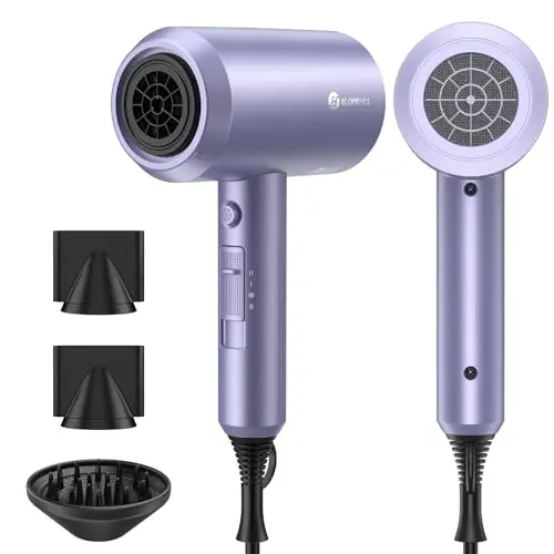 slopehill Professional Ionic Hair Dryer, Powerful 1800W Fast Drying Low Noise Blow Dryer with 2 Concentrator Nozzle 1 Diffuser AttacModazoneents for Home Salon Travel (Lavender) - SLOPEHILL
