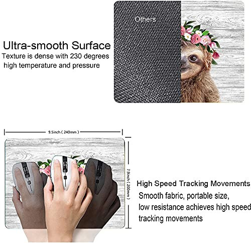 Sloth with Flowers Mouse Pad, Cute Mouse Pad, Animal Mouse Pad, Mouse Mat Square Waterproof Mouse Pad Non-Slip Rubber Base MousePads for Office Laptop, 9.5