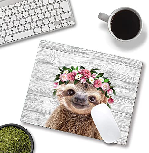 Sloth with Flowers Mouse Pad, Cute Mouse Pad, Animal Mouse Pad, Mouse Mat Square Waterproof Mouse Pad Non-Slip Rubber Base MousePads for Office Laptop, 9.5