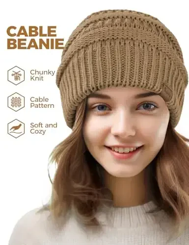 Slouchy Beanies для женщин Кабельные вязаные зимние шапки Женские подарки Объемная шапка-бини Толстые теплые чулки для холодной погоды - 2