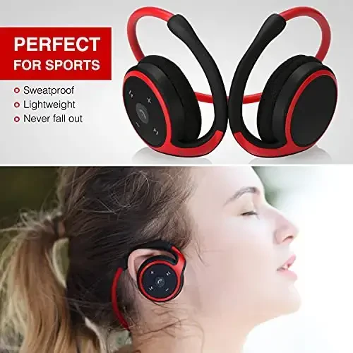 Small Bluetooth Headphones Wrap Around Head - Sports Wireless Headset with Built in Microphone and Crystal-Clear Sound, Foldable and Carried in The Purse, and 12-Hour Battery Life, Red - 3